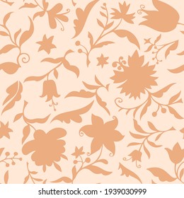 Plain floral drawing. Silhouettes of blooming flowers and plants in vintage style. Elegant seamless botanical pattern made of spring flowers. Nature ornament for textile, fabric, wallpaper, surface.