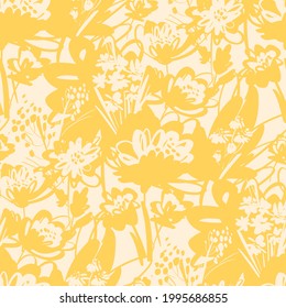 Plain floral drawing. Silhouettes of blooming lilac flowers in vintage style Yellow silhouettes of blooming summer flowers in plain drawing style. Elegant vintage vibes seamless pattern made of spring