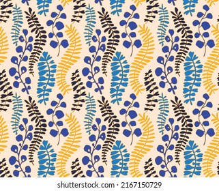 Plain floral drawing. Silhouettes of blooming lilac flowers in vintage style. Elegant seamless botanical pattern made of spring flowers. Nature ornament for textile, fabric, ukrainian pattern.