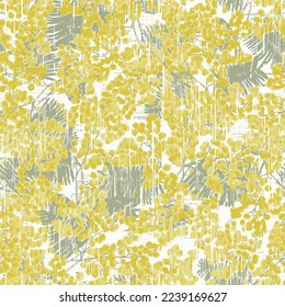 Plain floral drawing. Silhouettes of blooming lilac flowers in vintage style. Elegant seamless botanical pattern made of spring yellow flowers.