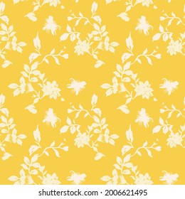 Plain floral drawing. Silhouettes of  flowers in vintage style. Elegant seamless botanical pattern made of spring flowers. Nature ornament for textile, fabric, wallpaper, surface design.