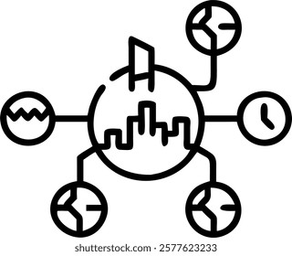 Plain green background with interconnected city icons and copy space concept as A plain green background featuring interconnected city icons connected by network lines representing