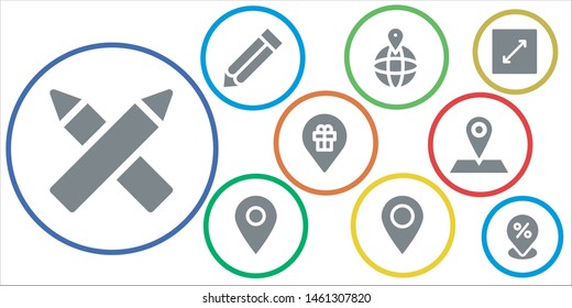 plain icon set. 9 filled plain icons.  Collection Of - Pencils, Pencil, Placeholder, Resize