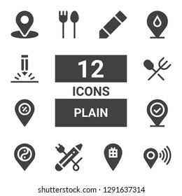plain icon set. Collection of 12 filled plain icons included Placeholder, Pencil, Cutlery