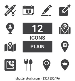 plain icon set. Collection of 12 filled plain icons included Placeholder, Cutlery, Media encoder, Appointment book, Pencil