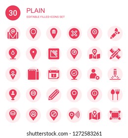 plain icon set. Collection of 30 filled plain icons included Placeholder, Cancel, Media encoder, Pencil, Appointment book, Cutlery, Resize
