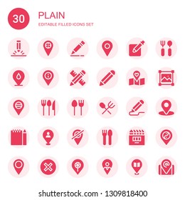 plain icon set. Collection of 30 filled plain icons included Pencil, Placeholder, Cutlery, Resize, Cancel