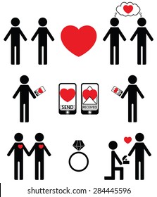 Plain impersonalized  falling in love and engagement icons set 

