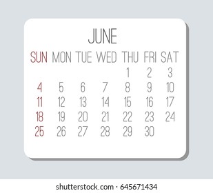 Plain June year 2017 vector calendar in white over light gray. Week starting from Sunday.