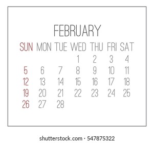 Plain light February year 2017 vector calendar. Week starting from Sunday.