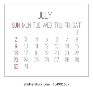 Plain light July 2017 vector calendar. Week starting from Sunday.