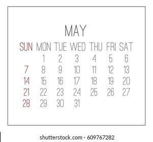 Plain light May year 2017 vector calendar. Week starting from Sunday.