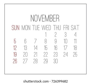 Plain light November 2017 vector calendar. Week starting from Sunday.