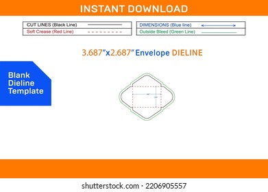 Plain mini envelope template 3.687x2.687 inch dieline template and 3D envelope vector file