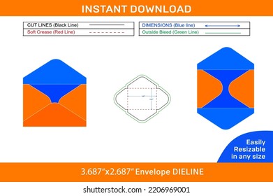 Plain mini envelope template 3.687x2.687 inch dieline template and 3D envelope vector file