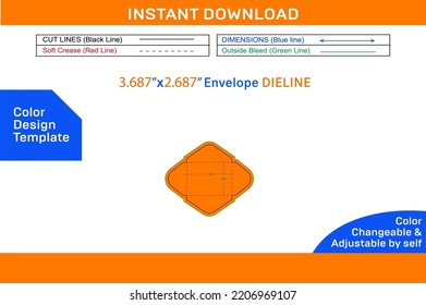 Plain mini envelope template 3.687x2.687 inch dieline template and 3D envelope vector file