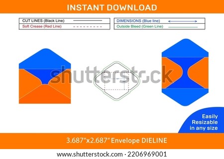 Plain mini envelope template 3.687x2.687 inch dieline template and 3D envelope vector file