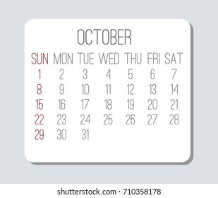Plain October 2017 vector calendar in white over light gray. Week starting from Sunday.