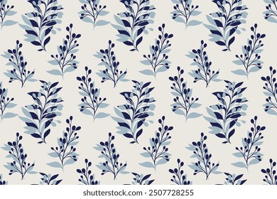 Plain pattern with blue abstract shapes branches leaves on a light background. Vector hand drawing sketch. Creative  unique floral stems seamless print. Design for fashion, fabric, wallpaper, textiles