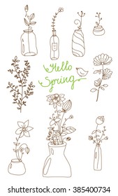  plain pattern with bouquets of flowers and vases on white background with inscription