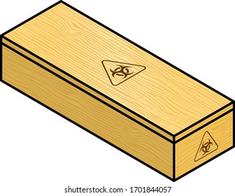 A plain pine coffin printed with biohazard / infectious material symbols.