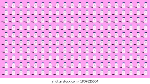 A plain pink background made of corona vaccine bottles. A sweet pink color and Covid-19 vaccine.