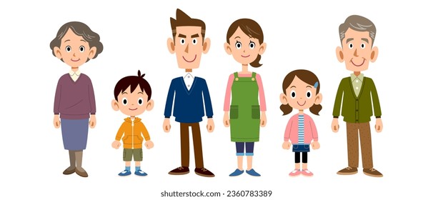A plain pose of a three-generation family