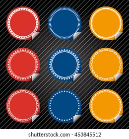 Plain Red, Blue, Yellow Stickers with tab, different border style