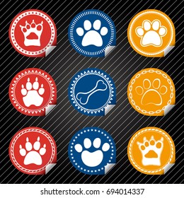 Plain Red Blue Yellow Stickers with tab different border style and paw bone