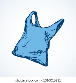 Plain reuse render wrinkled sac carrier on light backdrop. Blue color hand drawn object logo emblem pictogram sketchy in modern art doodle cartoon style pen on paper space for text on blank label