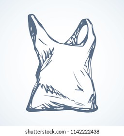 Plain reuse render wrinkled shirt sac carrier on light backdrop. Black line ink hand drawn object logo emblem pictogram sketchy in modern art doodle cartoon style pen on paper space for text on label