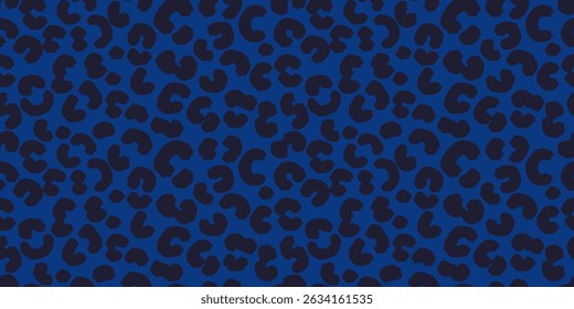 Plain seamless leopard print pattern with black spots, organic shapes on a navy blue background. Bold, modern, trendy design for textiles, fashion, digital wallpapers, creative branding projects.