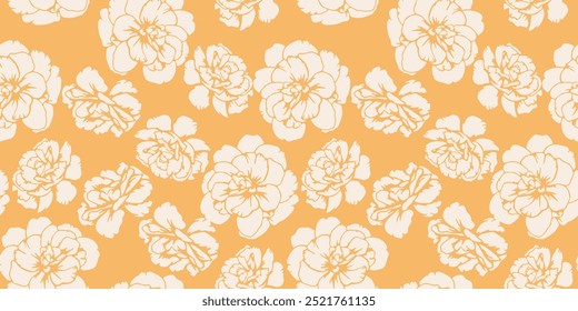 Padrão liso sem emenda com formas abstratas botões, pansies. Bi cor contorno silhuetas flores imprimir em um fundo amarelo. Mão de vetor desenhada. Ornamento de natureza para desenhos