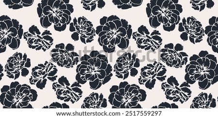 Plain seamless pattern with abstract shapes buttercups, pansies. Bi color contour silhouettes flowers print. Vector hand drawn. Black and white nature ornament for designs