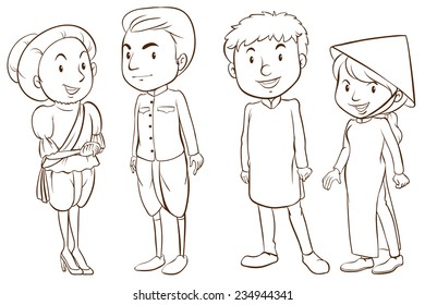 Plain sketches of the Asian people on a white background 
