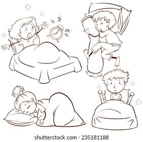 Plain sketches of the kids sleeping and waking up on a white background 