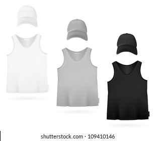 Plain sleeveless shirt and hat.