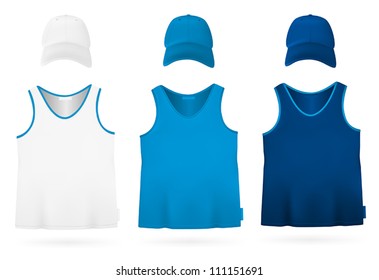 Plain sleeveless shirt and hat.