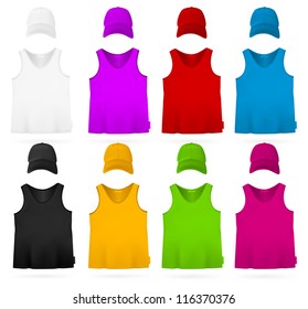 Plain sleeveless shirt and hat.