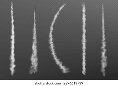 Plain smoke trail effect. Jet vector white contrail line on transparent background. 3d airplane flight speed vapor steam. Realistic aircraft tail flow motion texture. Gas burst curve path trace