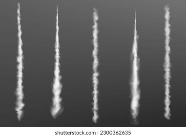 Efecto del rastro de humo simple. Línea de control blanco vectorial Jet sobre fondo transparente. 3d vapor de vapor de velocidad de vuelo del avión. Textura de movimiento de flujo de cola de avión realista. Seguimiento de la curva de ráfaga de gas