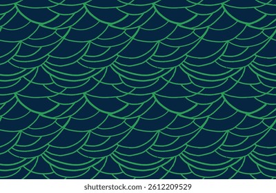 Plain texture with curved wavy lines seamless pattern. Green Abstract organic shapes printing on a dark background. Vector hand drawn sketch doodle. Contemporary minimalist ornament.