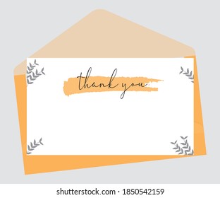 Plain Thank you card with envelope. Beautiful greeting card scratched calligraphy black text eps vector.