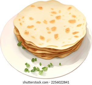 Plain Tortilla Wraps on Plate Isolated Hand Drawn Painting Illustration