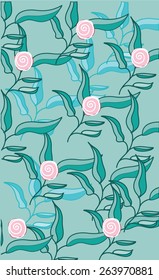 plain turquoise background with twigs and leaves and pink flowers