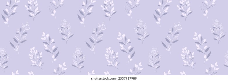 Plain unique seamless pattern with shapes tiny branches leaves, buds with drops. Pastel purple violet floral print. Vector hand drawn sketch. Nature ornament for designs