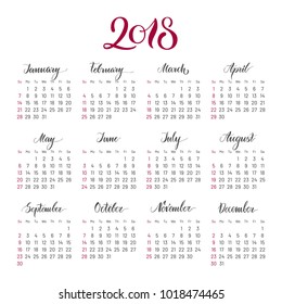 Plain wall calendar 2018 year, lettering, flat. Simple annual chart in minimalistic design. Vector illustration of menology