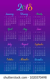 Plain wall calendar 2018 year, lettering, flat. Simple annual chart in minimalistic design. Vector illustration of menology