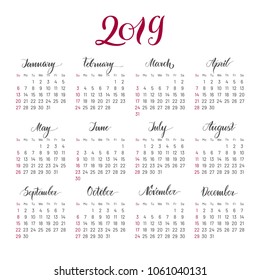 Plain wall calendar 2019 year, lettering, flat. Simple annual chart in minimalistic design. Vector illustration of menology