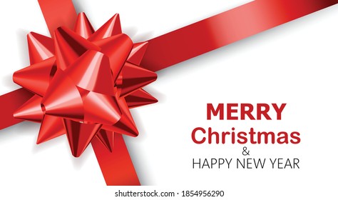 Plain white background with red ribbons. Merry Christmas and happy new year. Realistic 3D mockup product placement. Vector